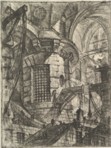 Piranesi, Giovanni Battista. Plate VII: The Drawbridge (Le Calpace), from Carceri d'Invenzione (Imaginary Prisons). 1749–1750; reworked c. 1761. Etching with engraving, 54.5 × 41.5 cm (21 1/2 × 16 3/8 in.). Metropolitan Museum of Art, New York. Harris Brisbane Dick Fund, 1937, accession no. 37.45.3(25).