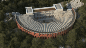 ew frrom N E of the 3D reconstruction of the theatre within its landscaping context