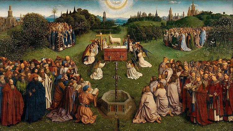 Van Eyck, Jan, and Hubert van Eyck. The Ghent Altarpiece: Adoration of the Mystic Lamb (lower central panel). 1432. Oil on oak panel, 134.3 x 237.5 cm. Saint Bavo's Cathedral, Ghent, Belgium.