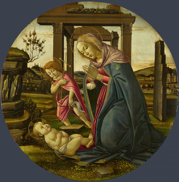 Botticelli, Sandro. The Virgin Adoring the Child with the Infant Saint John the Baptist. c. 1490. Tempera, oil, and gold on wood, diameter: 115.3 cm. National Gallery of Art, Washington, DC.